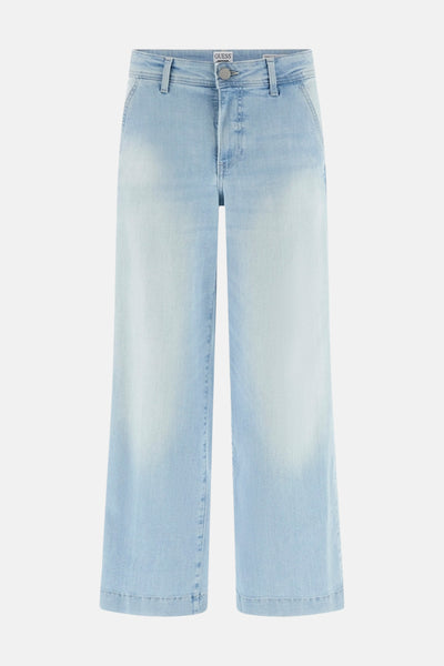 7/8 spijkerbroek in lichtblauw denim van Guess met een wijde pasvorm en hoge taille.