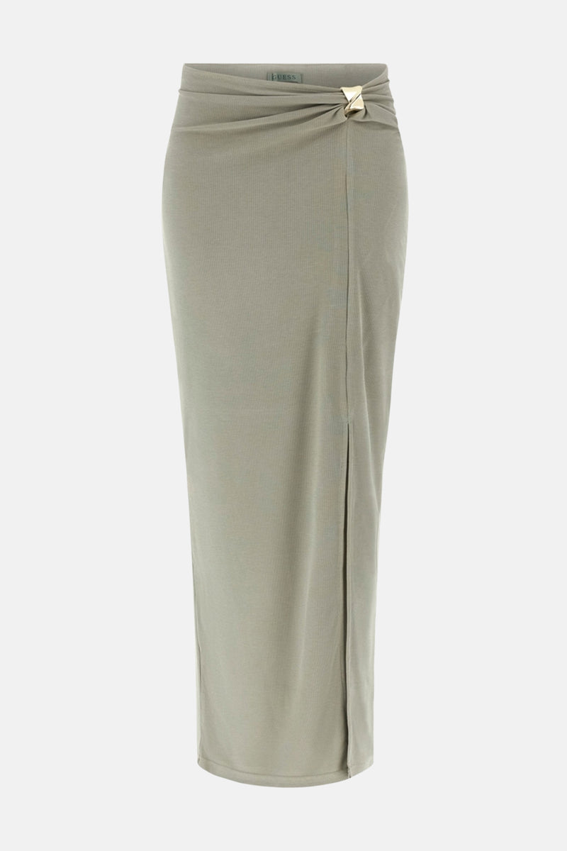 Olijfgroene lange rok van Guess, met een strikdetail in de taille en een split.