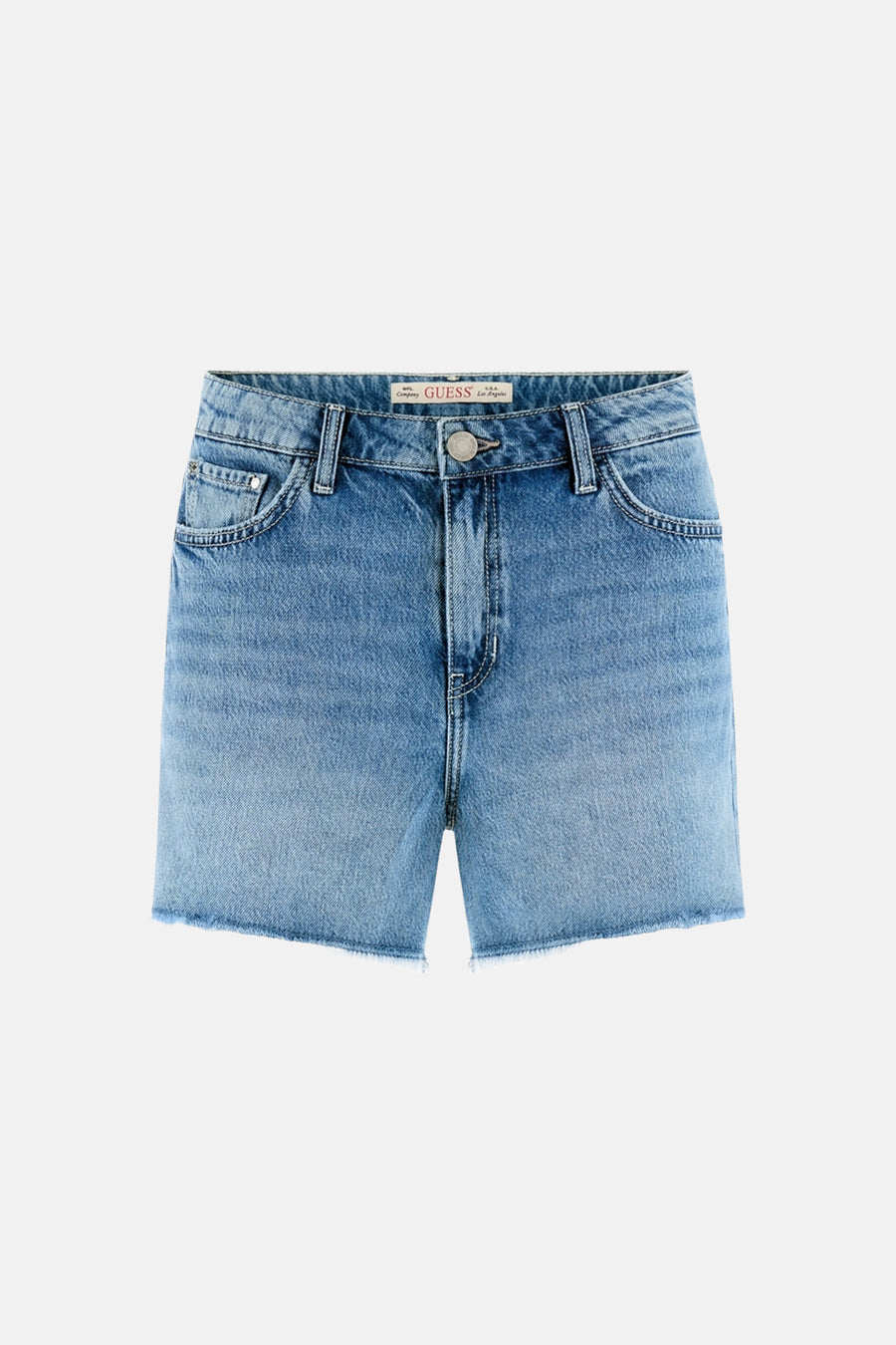 Lichtblauwe denim short van Guess met rafelzoom en knoopsluiting.