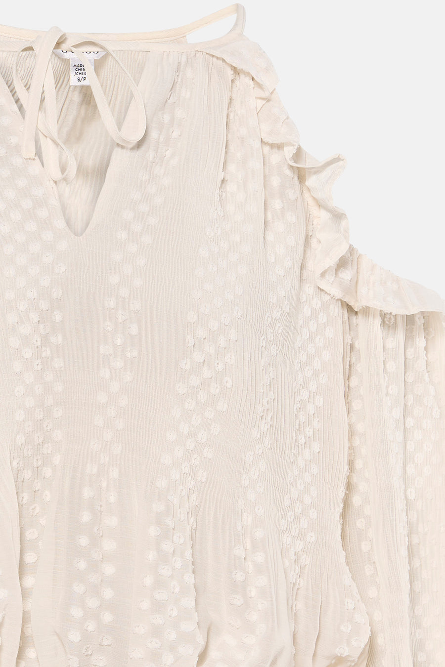 Ecru blouse met lange mouwen van Guess, met gestructureerde polkadots en ruches.