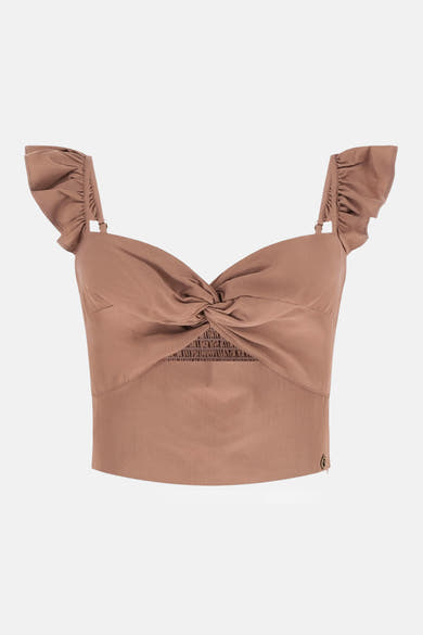 Roze Guess hemdje, met smockwerk en dunne bandjes, versierd met ruches op de schouders.