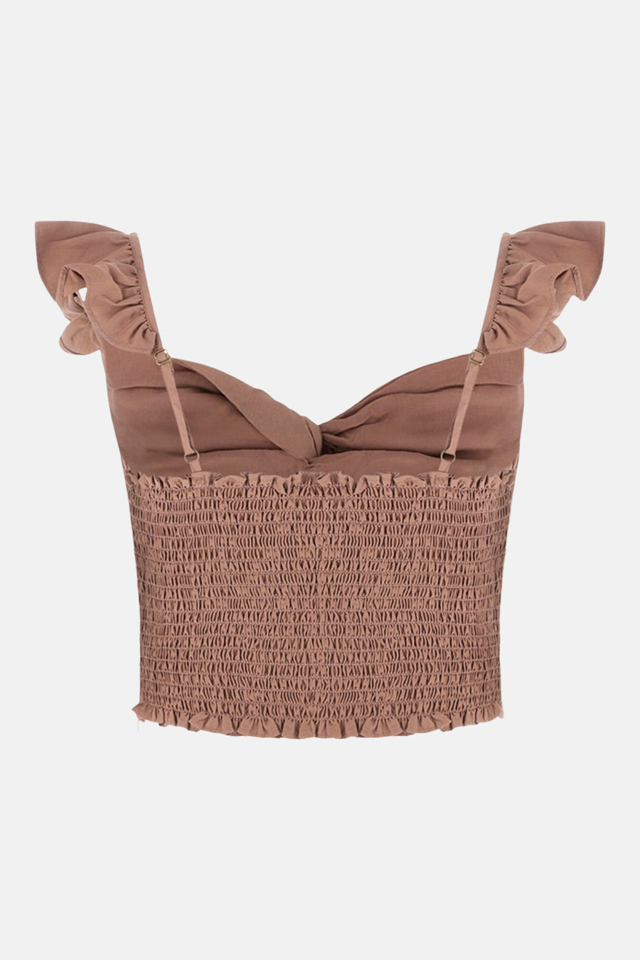 Débardeur rose Guess, à smocks et bretelles fines, agrémenté de volants aux épaules.