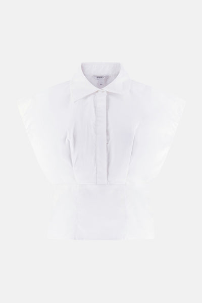 Chemisier blanc sans manches de Guess avec col classique et taille cintrée.
