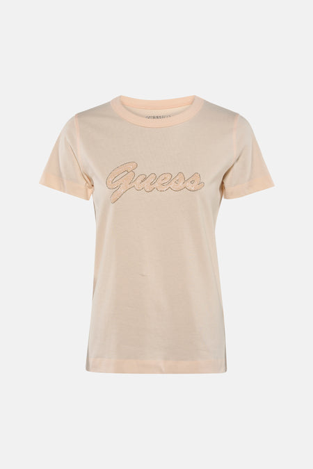 T-shirt à manches courtes rose de Guess®, avec le logo de la marque orné de brillants.