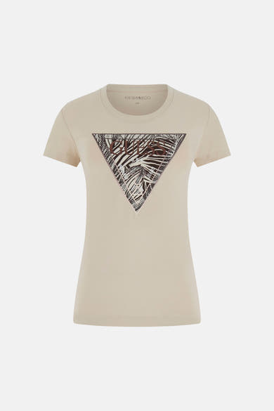 Beige T-shirt met korte mouwen van Guess met zebraprint driehoekig logo en GUESS tekst.