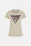 Beige T-shirt met korte mouwen van Guess met zebraprint driehoekig logo en GUESS tekst.