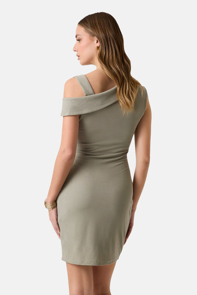 Olive green ribbed knit robe with off-the-shoulder design, back view, form-fitting silhouette, side cutout detail