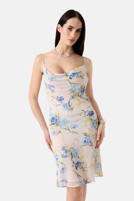Multikleuren jurk van Guess, met een blauwe bloemenprint en dunne bandjes.