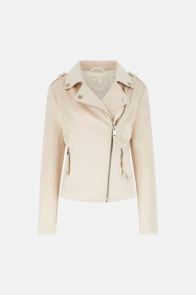 Korte beige jas van Guess, met klassieke kraag en aansluitende pasvorm.