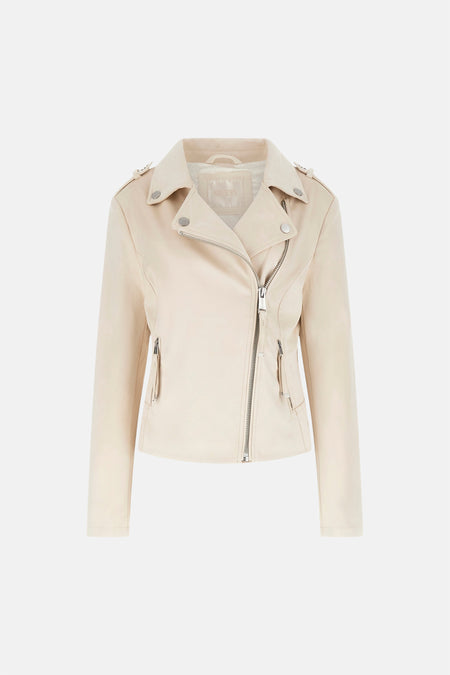 Veste courte beige de Guess avec fermeture éclair asymétrique et poches zippées.