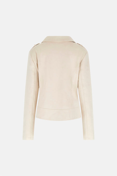 Veste courte beige de Guess, avec col classique et coupe ajustée.