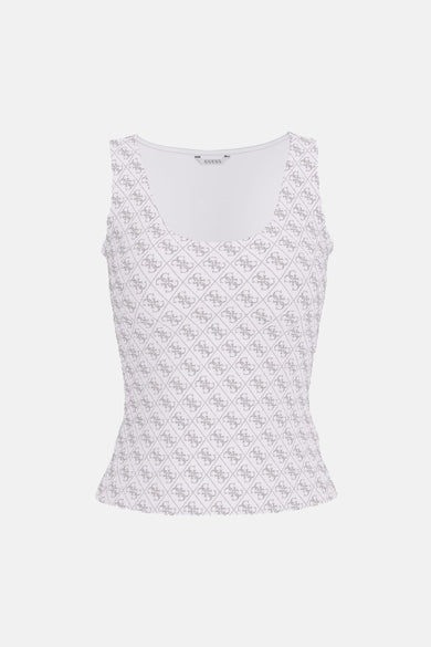 Witte tanktop van Guess, versierd met een toon-op-toon ruitvormig logo-patroon.