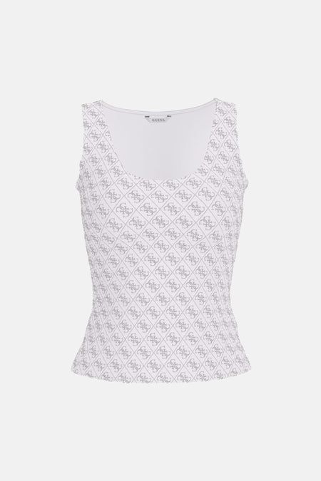 Débardeur blanc de Guess, orné d'un motif de logos en losanges ton sur ton.