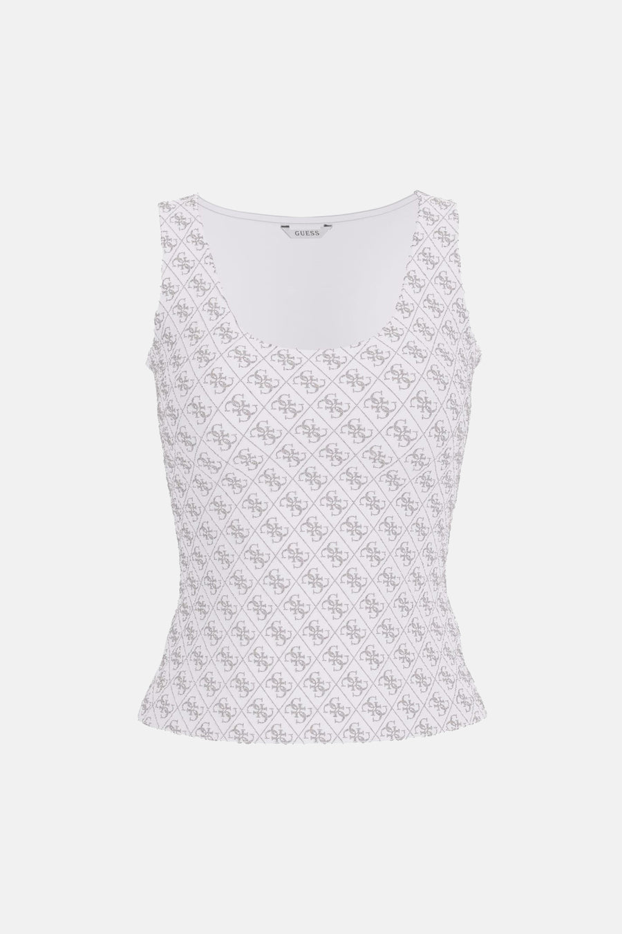 Witte tanktop van Guess, versierd met een toon-op-toon ruitvormig logo-patroon.