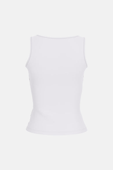 Witte tanktop van Guess, met grijze afwerkingen rond de nek en armen, achterkant.