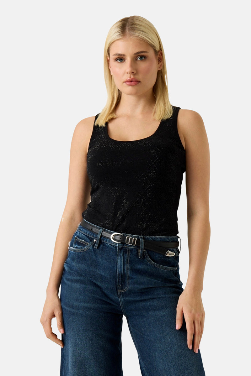 Zwart mouwloos T-shirt van Guess® met een subtiel, glinsterend ruitpatroon.