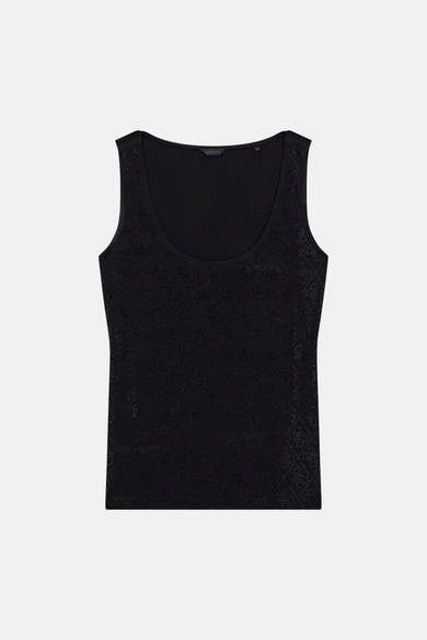 Zwart Guess hemdje met textuur ruitpatroon en logo's, ronde hals.
