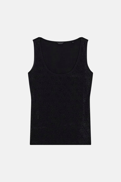 Zwart Guess hemdje met textuur ruitpatroon en logo's, ronde hals.