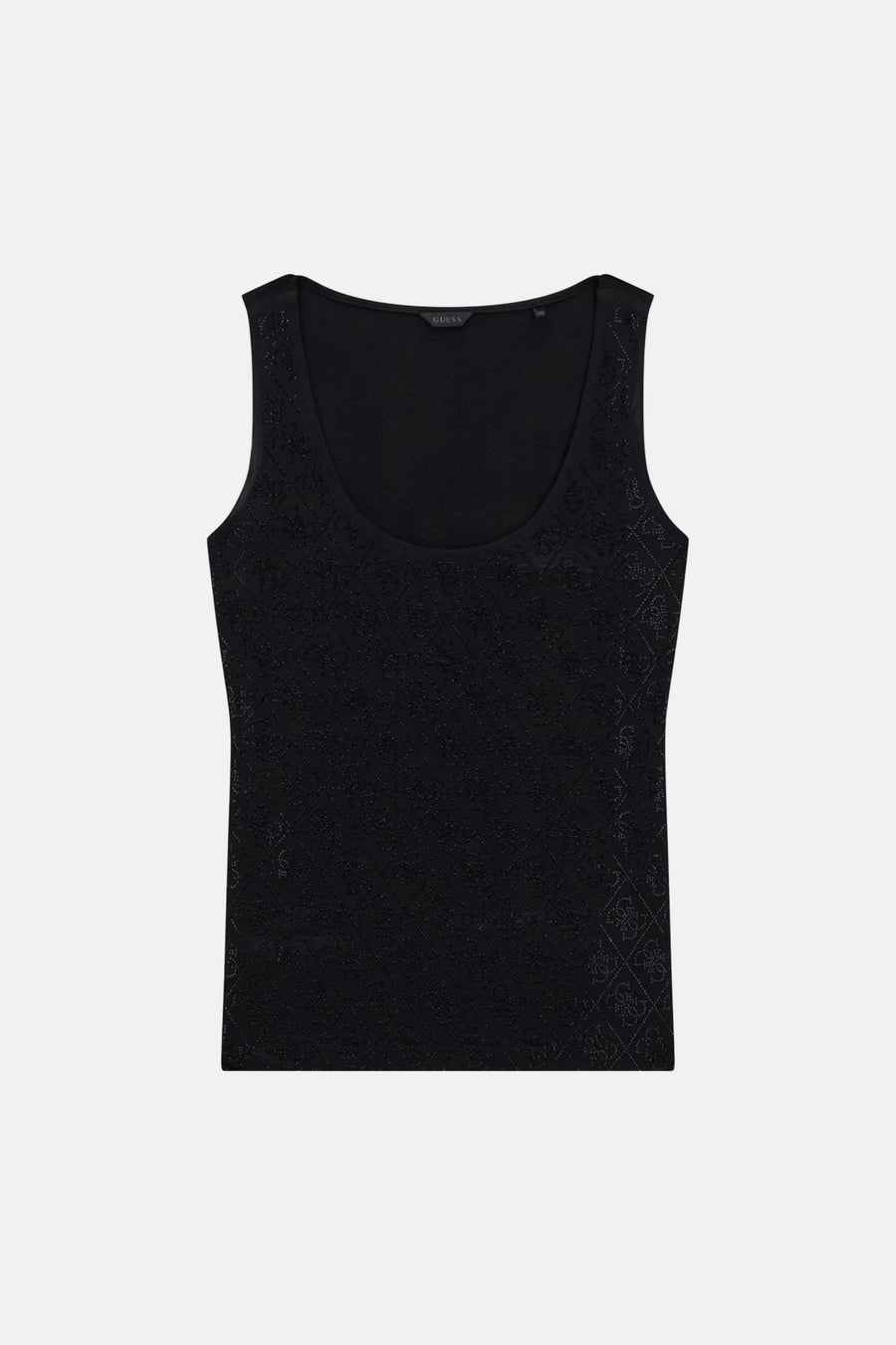 Zwart Guess hemdje met textuur ruitpatroon en logo's, ronde hals.