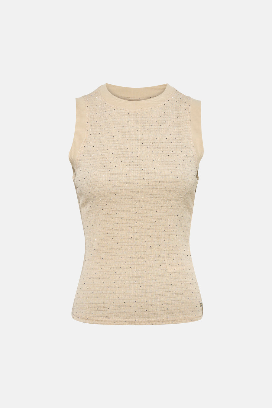 Top sans manches beige de Guess, orné de petits détails brillants.

