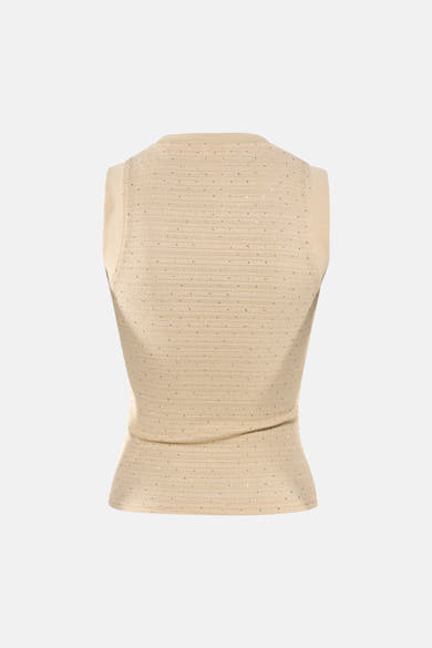 Top sans manches beige de Guess, avec motif à points argentés et texture côtelée.
