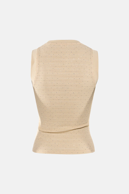 Top sans manches beige de Guess, avec motif à points argentés et texture côtelée.