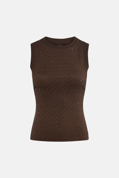 Top sans manches marron, de Guess, orné de détails scintillants et de texture côtelée.

