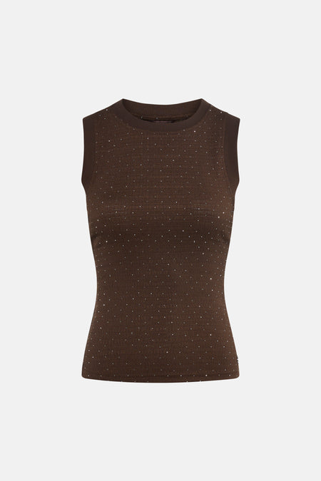 Top sans manches marron, de Guess, orné de détails scintillants et de texture côtelée.
