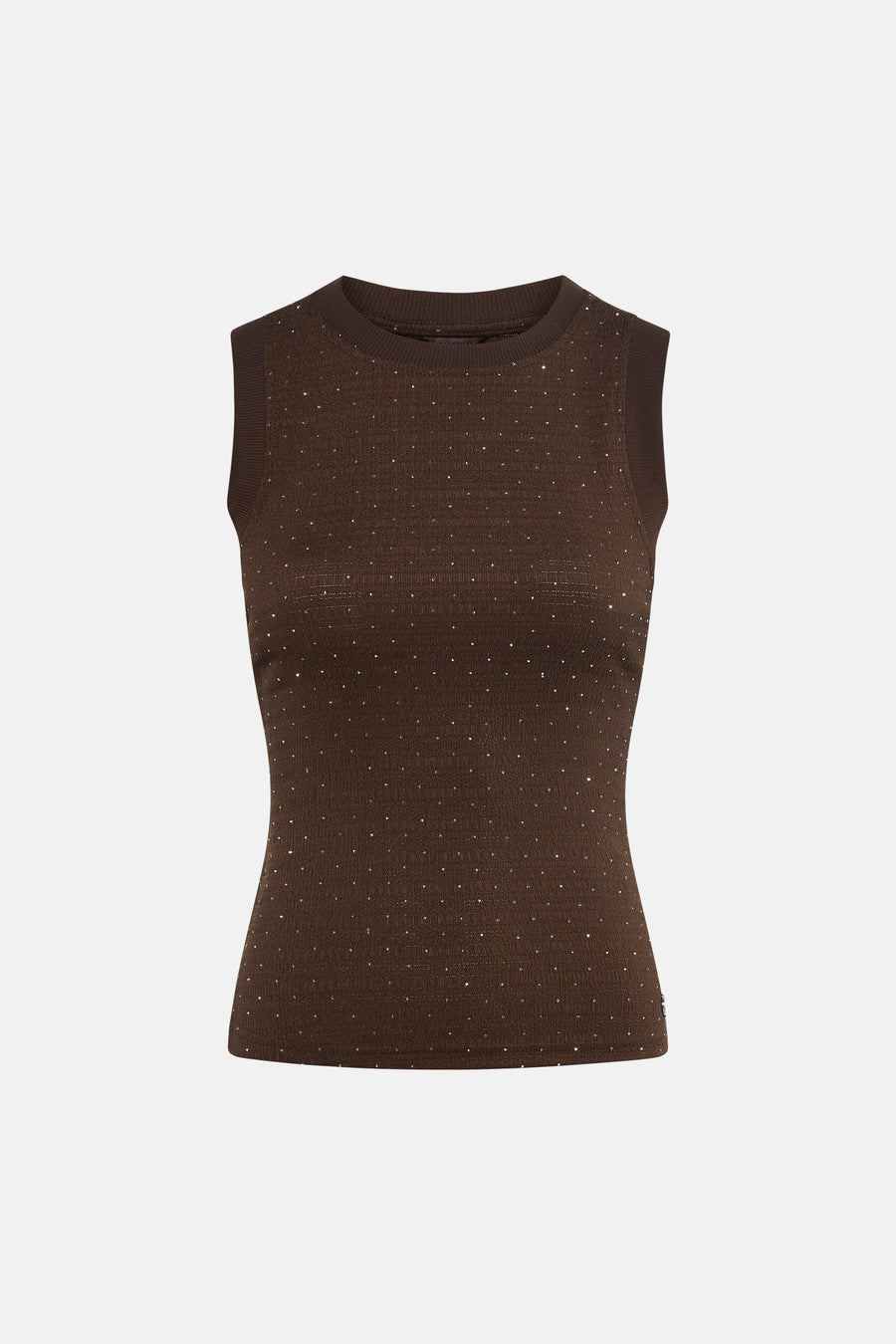 Top sans manches marron, de Guess, orné de détails scintillants et de texture côtelée.
