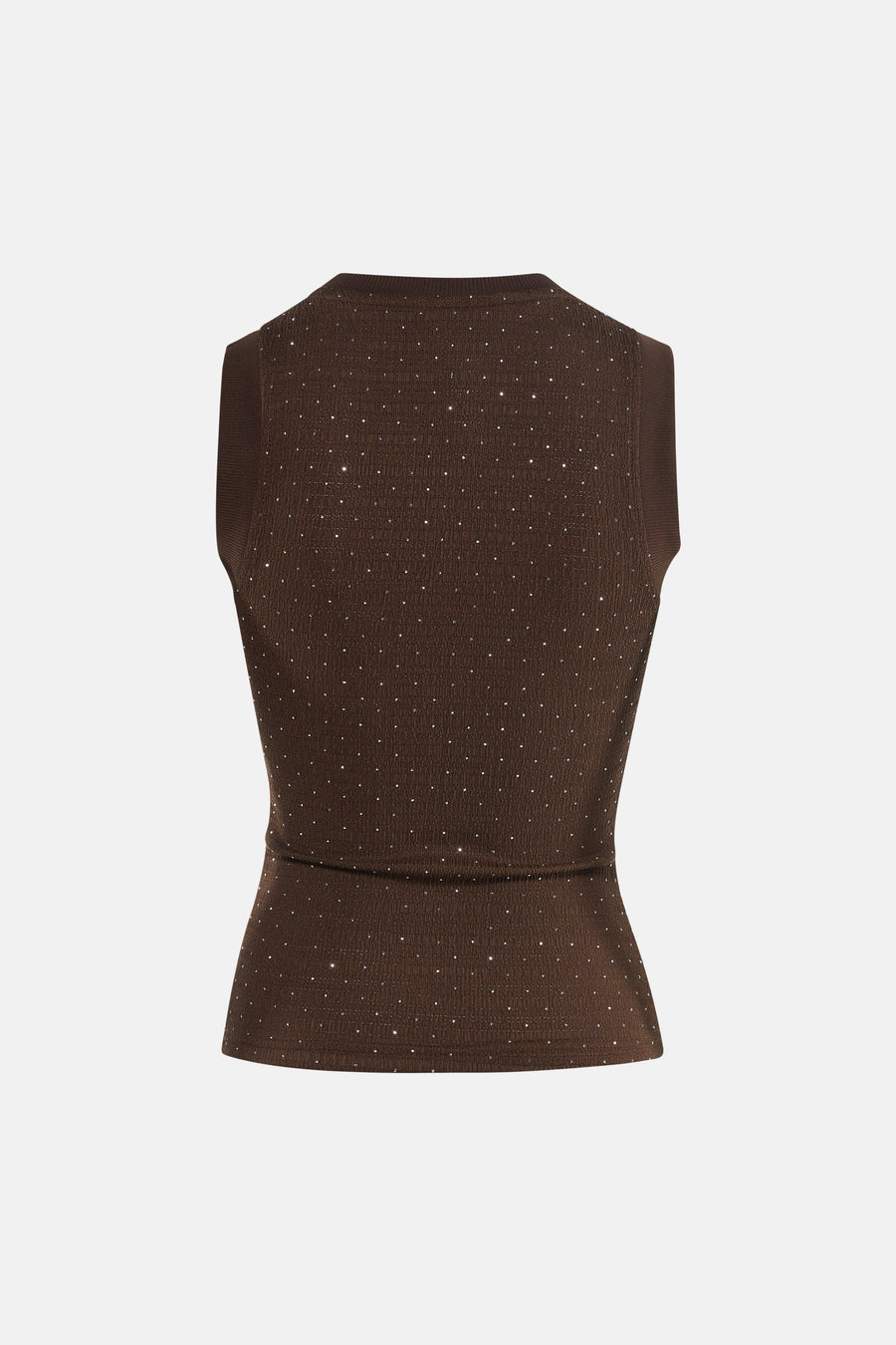 Top sans manches marron de Guess, avec des détails scintillants sur le tissu côtelé.