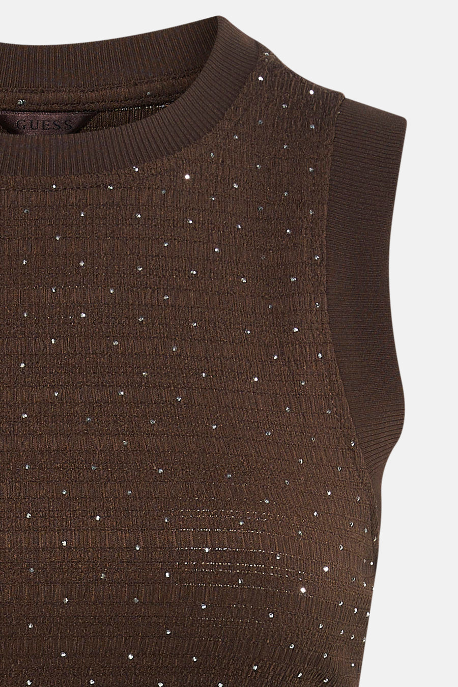 Top sans manches brun de Guess orné de détails brillants.
