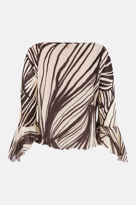 Blouse fluide à imprimé zèbre crème et marron de Guess, avec manches évasées à volants et ornement doré.