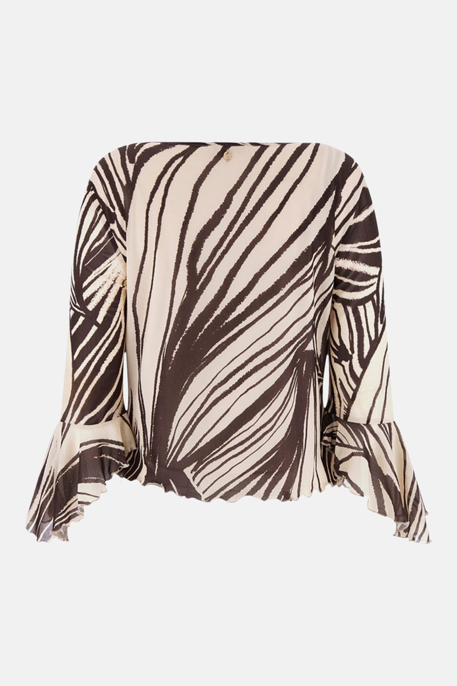 Blouse fluide à imprimé zèbre crème et marron de Guess, avec manches évasées à volants et ornement doré.