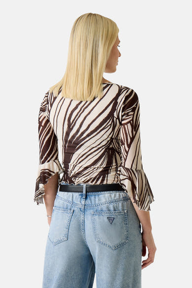 Beige en bruin bedrukte 3/4-blouse van Guess, abstract patroon en uitlopende mouwen, achterzijde.
