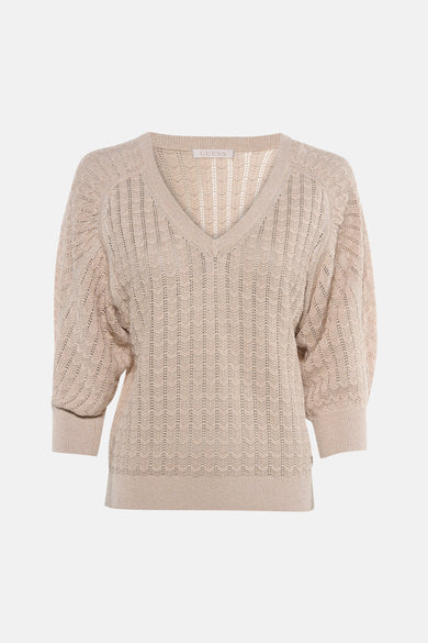 Pull doré à col en V de Guess, avec une maille ajourée à chevrons et des manches bouffantes trois-quarts.
