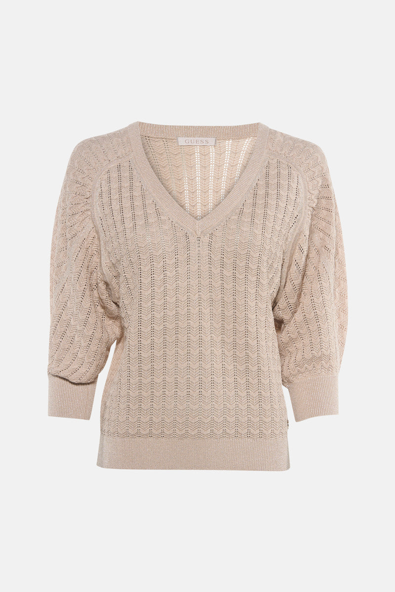 Pull doré à col en V de Guess, avec une maille ajourée à chevrons et des manches bouffantes trois-quarts.
