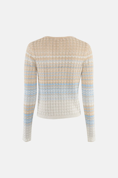 Gilet multicolore par Guess®, en maille ajourée à rayures horizontales beige, bleu et blanc, vue de dos.
