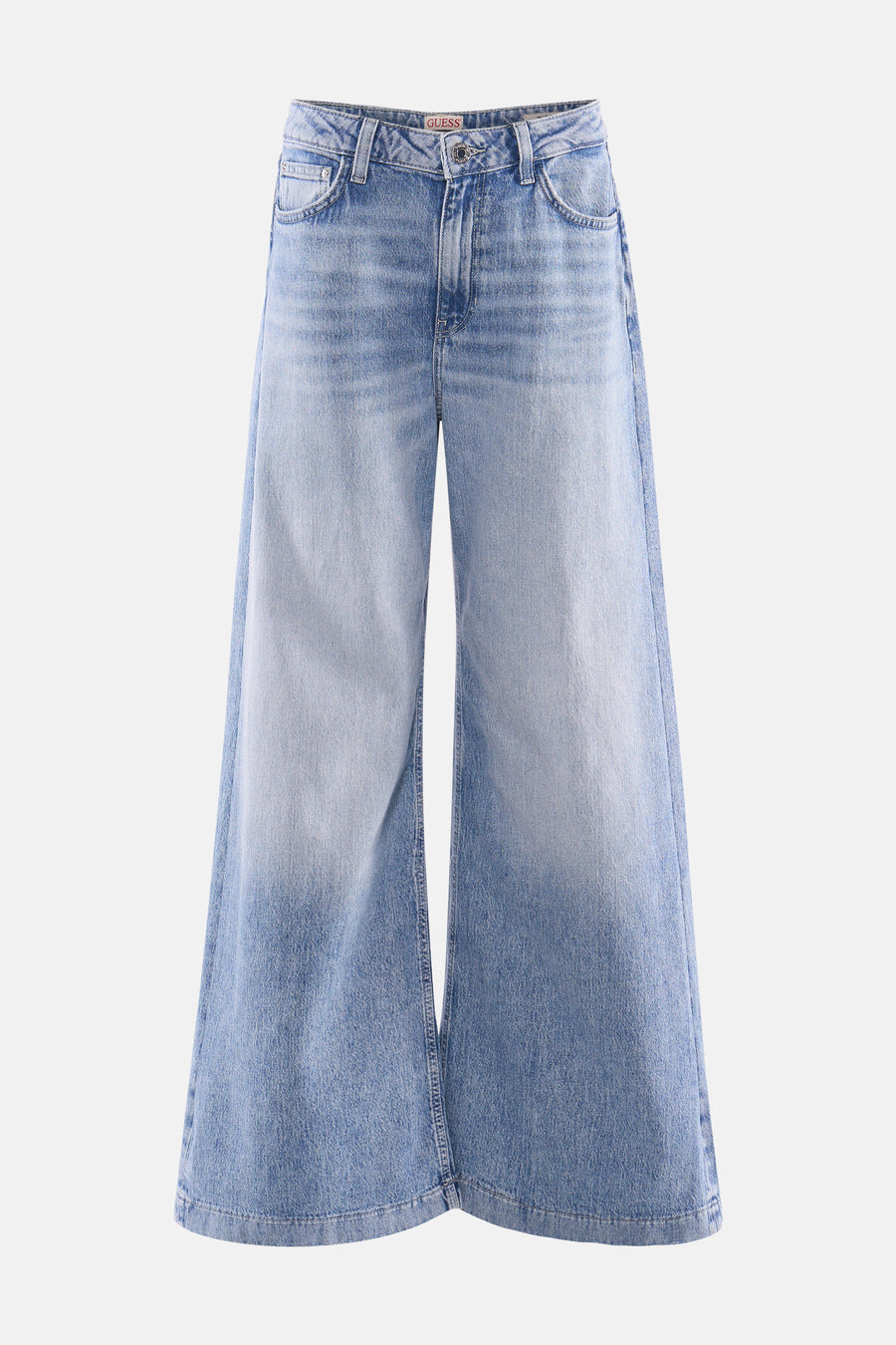 Wijde spijkerbroek van lichtblauw denim van Guess, met een verouderde wassing over de gehele lengte.