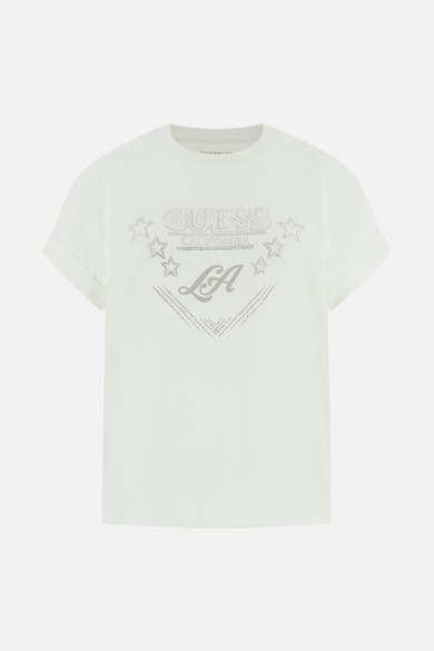 Wit T-shirt met korte mouwen van Guess, versierd met een grafische print "Guess LA" met zilveren sterren.