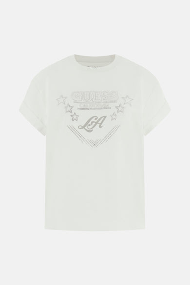 Wit T-shirt met korte mouwen van Guess, versierd met een grafische print "Guess LA" met zilveren sterren.