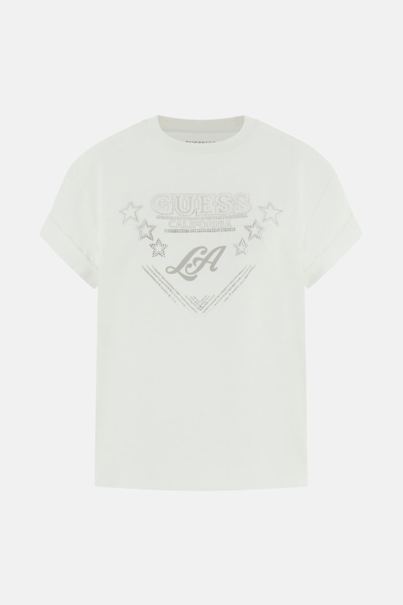 Wit T-shirt met korte mouwen van Guess, versierd met een grafische print "Guess LA" met zilveren sterren.