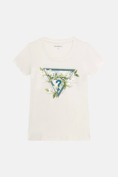Wit T-shirt met korte mouwen van Guess® met een bloemig driehoekig logo en een vraagteken op de voorkant.