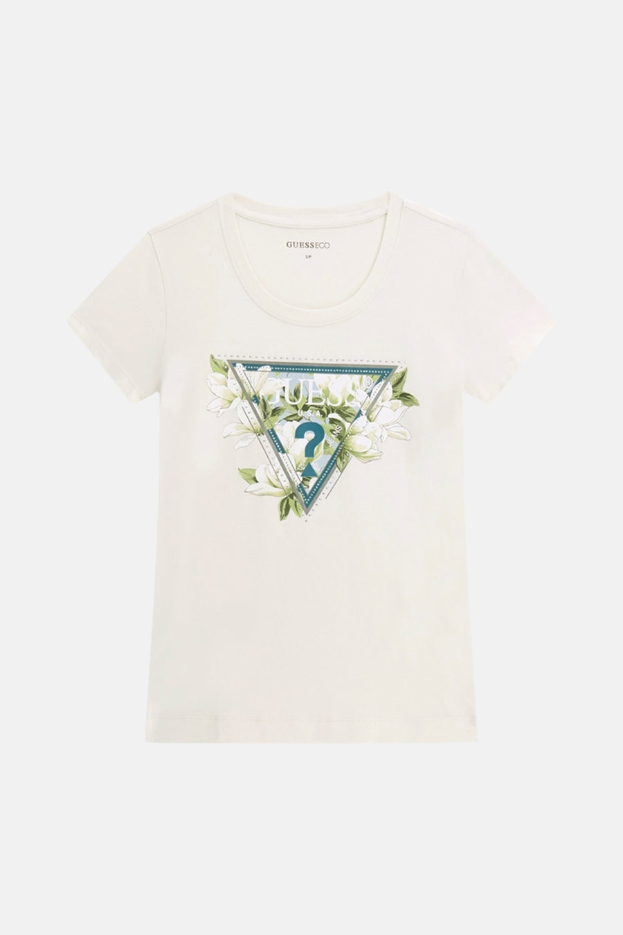 Wit T-shirt met korte mouwen van Guess® met een bloemig driehoekig logo en een vraagteken op de voorkant.
