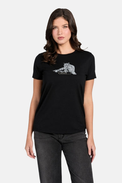 Zwart T-shirt met korte mouwen van Guess, van katoen, achterkant, op een effen achtergrond.