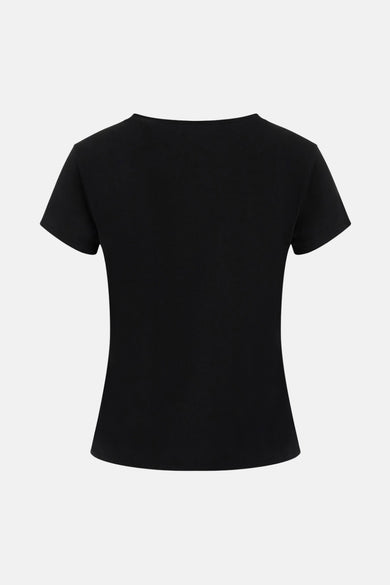 T-shirt noir à manches courtes de Guess, en coton, vue arrière, sur fond uni.