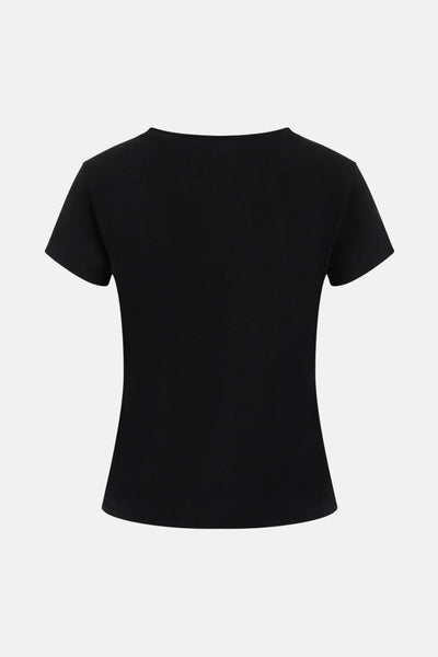 T-shirt noir à manches courtes de Guess, en coton, vue arrière, sur fond uni.