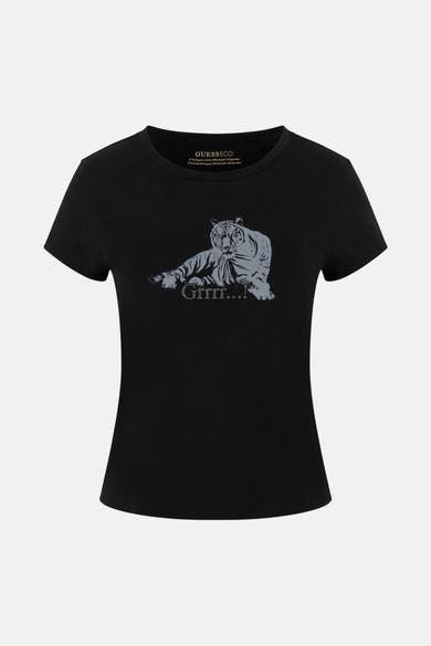 Zwart T-shirt met korte mouwen van Guess met een grijze tijgerprint op de voorkant.