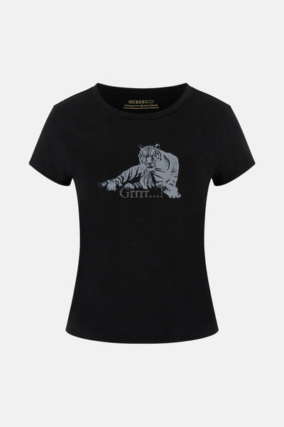 Zwart T-shirt met korte mouwen van Guess met een grijze tijgerprint op de voorkant.
