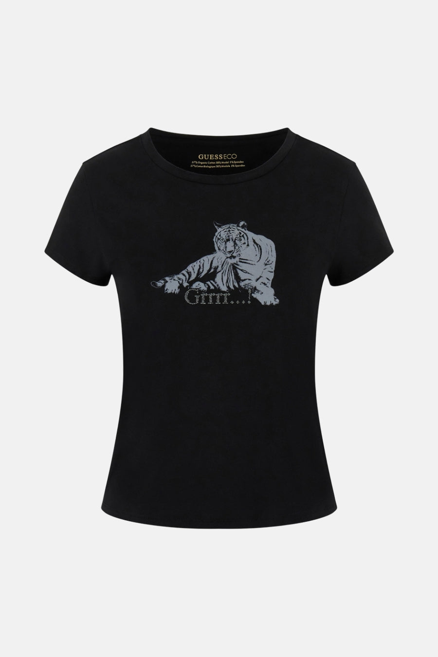 Zwart T-shirt met korte mouwen van Guess met een grijze tijgerprint op de voorkant.