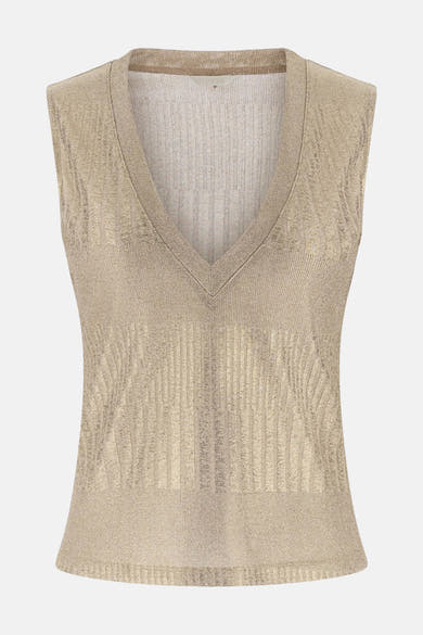 Gouden mouwloze top van Guess, met een geribbelde textuur en een subtiel metallic patroon.
